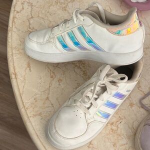 Adidas Kids White Sneakers with Iridescent Stripes